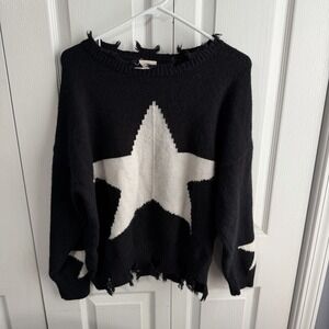 Bibi Black White Star Knit Sweater Women's Size Large Boho Raw Hem Comfy Travel
